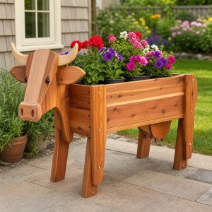 Cow-Shaped Wooden Flower Planter With Removable Pots