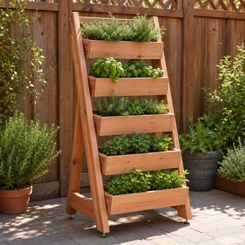 Slim Cedar Ladder Planter With Removable Herb Boxes
