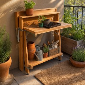 Fold-Flat Cedar Potting Shelf for a Small Patio
