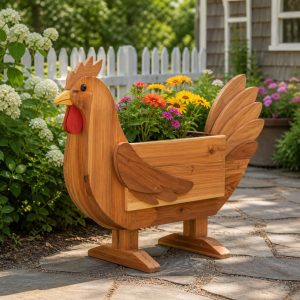 Hen-Shaped Wooden Flower Planter for a Cottage Garden