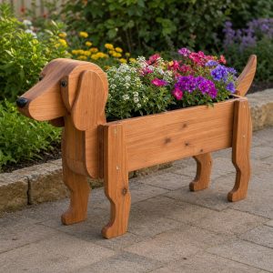 Dachshund-Shaped Wooden Planter With a Long Flower Box Body