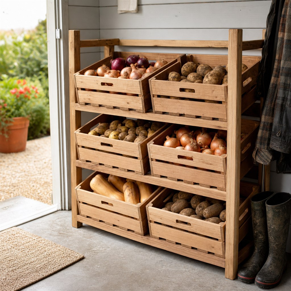 Root Vegetable Storage Rack for a Cool Garden Room