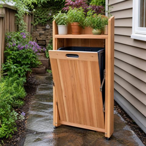 Slim Patio Compost-Bin Cover With a Herb Shelf