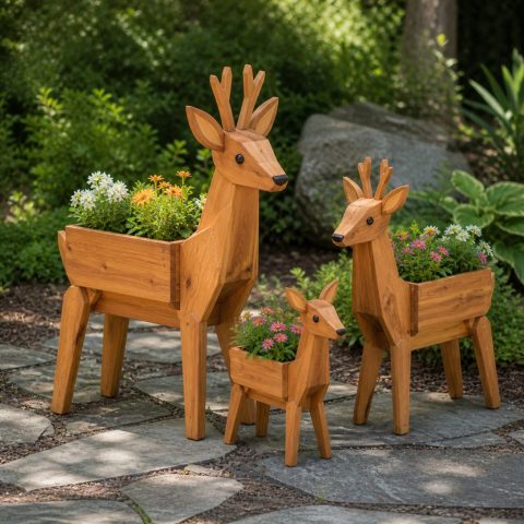 Wooden Deer Planter Family for a Woodland Garden