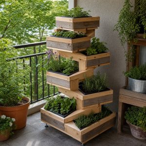 Spiral Corner Pot Tower Built From Stacked Wood Frames