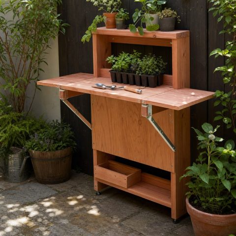 Wall-Mounted Seedling Table With Drop-Leaf Extensions