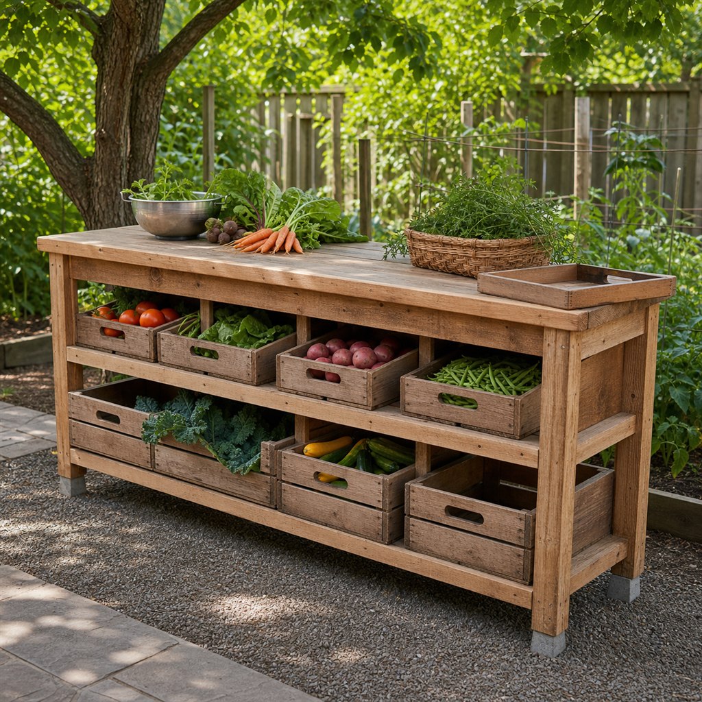 Garden Produce Sorting Table With Removable Crates