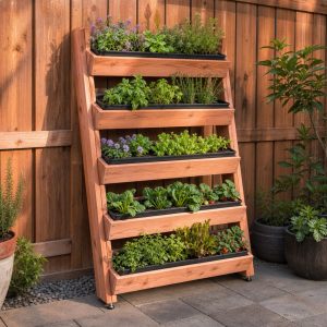 Leaning Fence Garden With Five Draining Planter Shelves