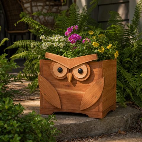 Owl-Faced Wooden Planter Box With Layered Cedar Details