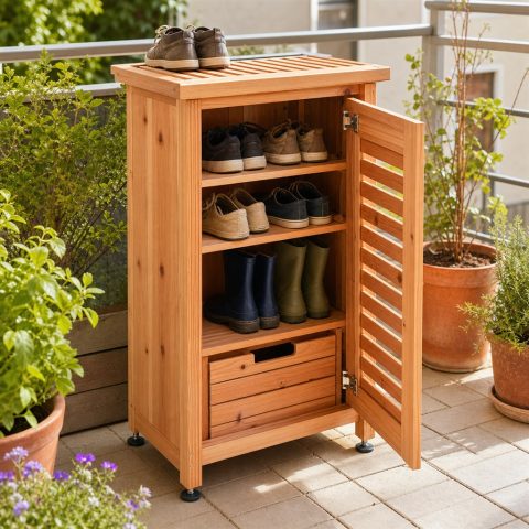 Narrow Garden Shoe Cabinet With a Slatted Drying Top