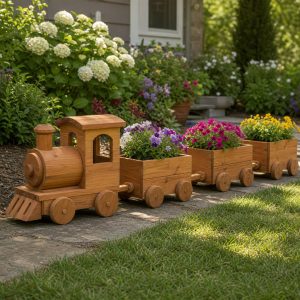 Wooden Garden Train Planter Set With Three Flower Cars