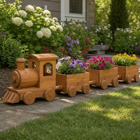 Wooden Garden Train Planter Set With Three Flower Cars
