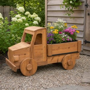 Vintage Wooden Truck Planter With a Flower-Filled Cargo Bed
