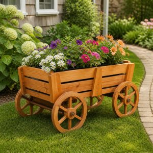 Rustic Wooden Garden Wagon Planter With Fixed Spoked Wheels