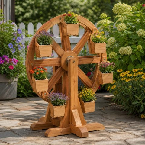 Wooden Ferris-Wheel Pot Display for a Flower Garden