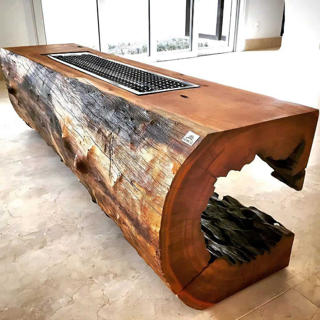 Live-edge slab desk with waterfall end and open storage