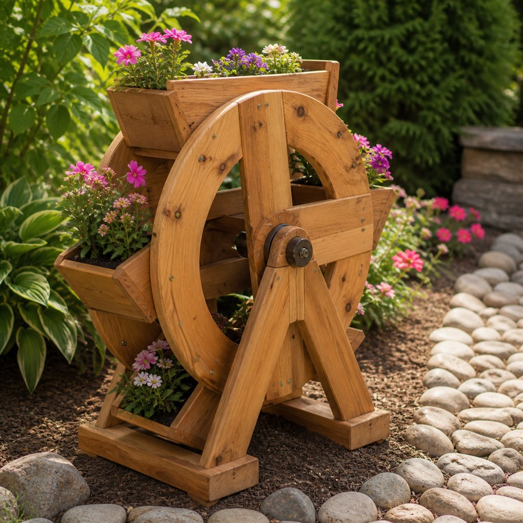 Decorative Wooden Waterwheel Planter With Flower Troughs