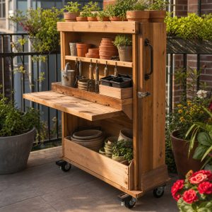 Rolling Balcony Pot Rack With a Locking Handle