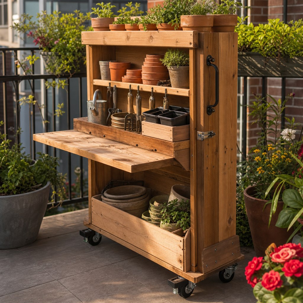 Rolling Balcony Pot Rack With a Locking Handle