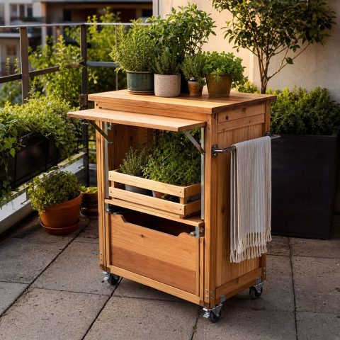 Rolling Patio Herb Island With a Towel Rail