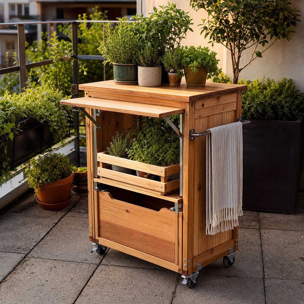 Rolling Patio Herb Island With a Towel Rail