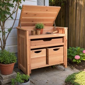 Cedar Corner Potting Desk With a Lift-Up Worktop