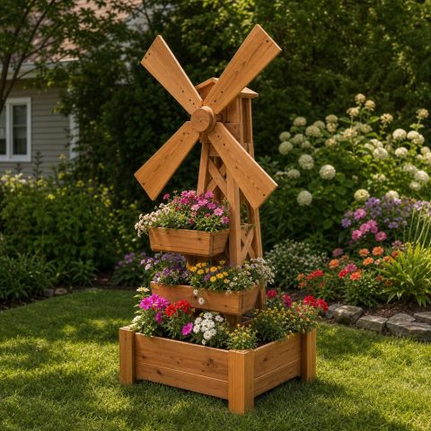 Wooden Garden Windmill Flower Tower With a Fixed Rotor