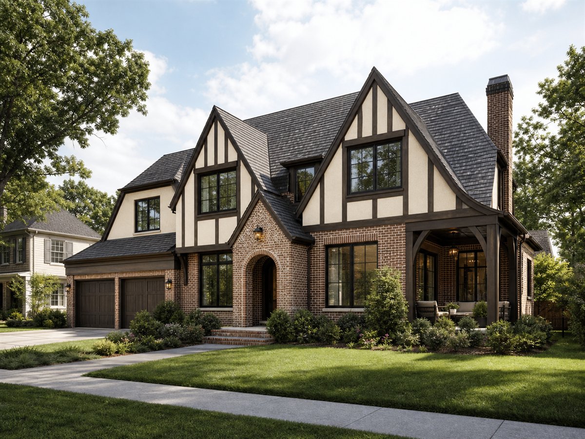 Ashbourne Manor 2720, a conceptual 2720-square-foot Tudor-revival custom home with a $560,000 construction target