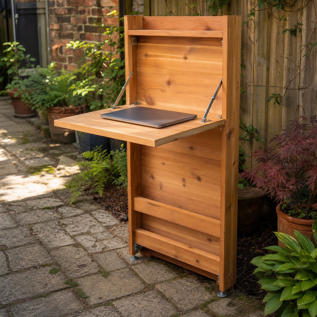 Fold-Down Outdoor Laptop Shelf for Garden Planning