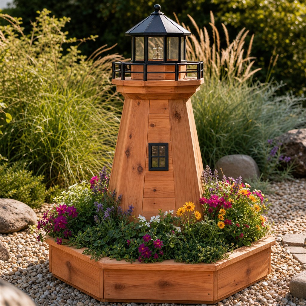 Wooden Lighthouse Planter for a Coastal-Style Garden