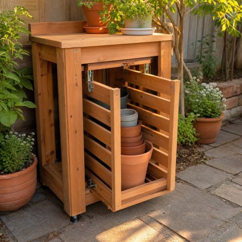 Under-Bench Pot Storage Drawer With Slatted Sides