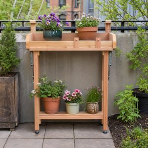 Cedar Rail-Mounted Flower Shelf With Safety Stops