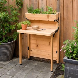 Fold-Out Fence Table With a Removable Plant Trough