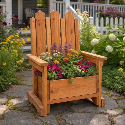 Picket-Back Chair Planter With a Flower Box Seat