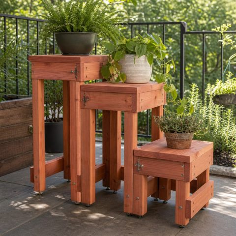 Stacking Cedar Plant Stools in Three Heights