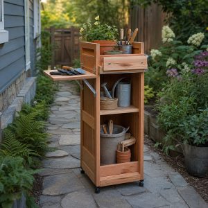 Narrow Garden Cart With a Flip-Up Side Shelf