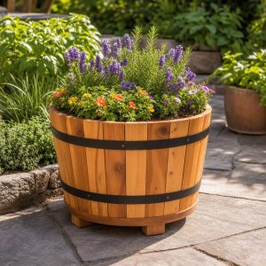 Slatted Wooden Barrel-Style Planter With Steel-Look Bands