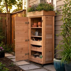 Vertical Balcony Supply Cabinet With a Planter Roof