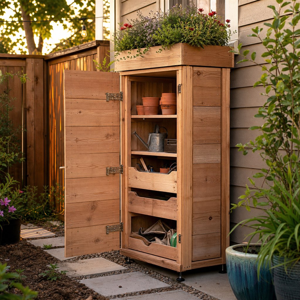 Vertical Balcony Supply Cabinet With a Planter Roof