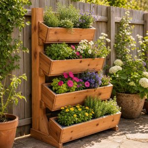 Cascading Wooden Crate Planter Stand With Four Levels