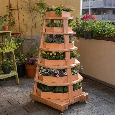 Tapered Flower Tower With Six Rotating Plant Shelves