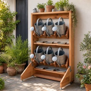 Wall-Mounted Watering-Can Rack With Drip Cups