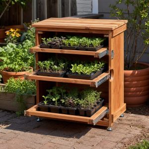 Compact Seedling Hardening Rack With Sliding Shelves