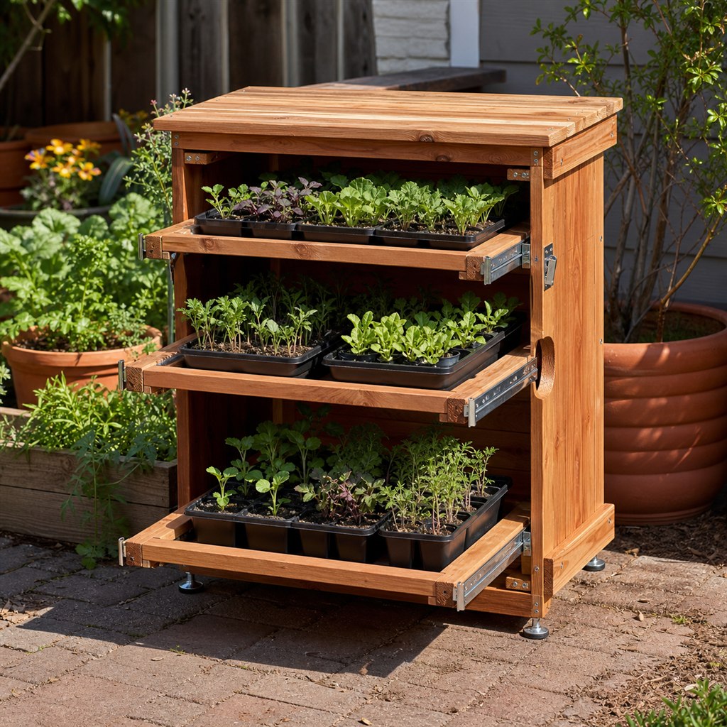 Compact Seedling Hardening Rack With Sliding Shelves