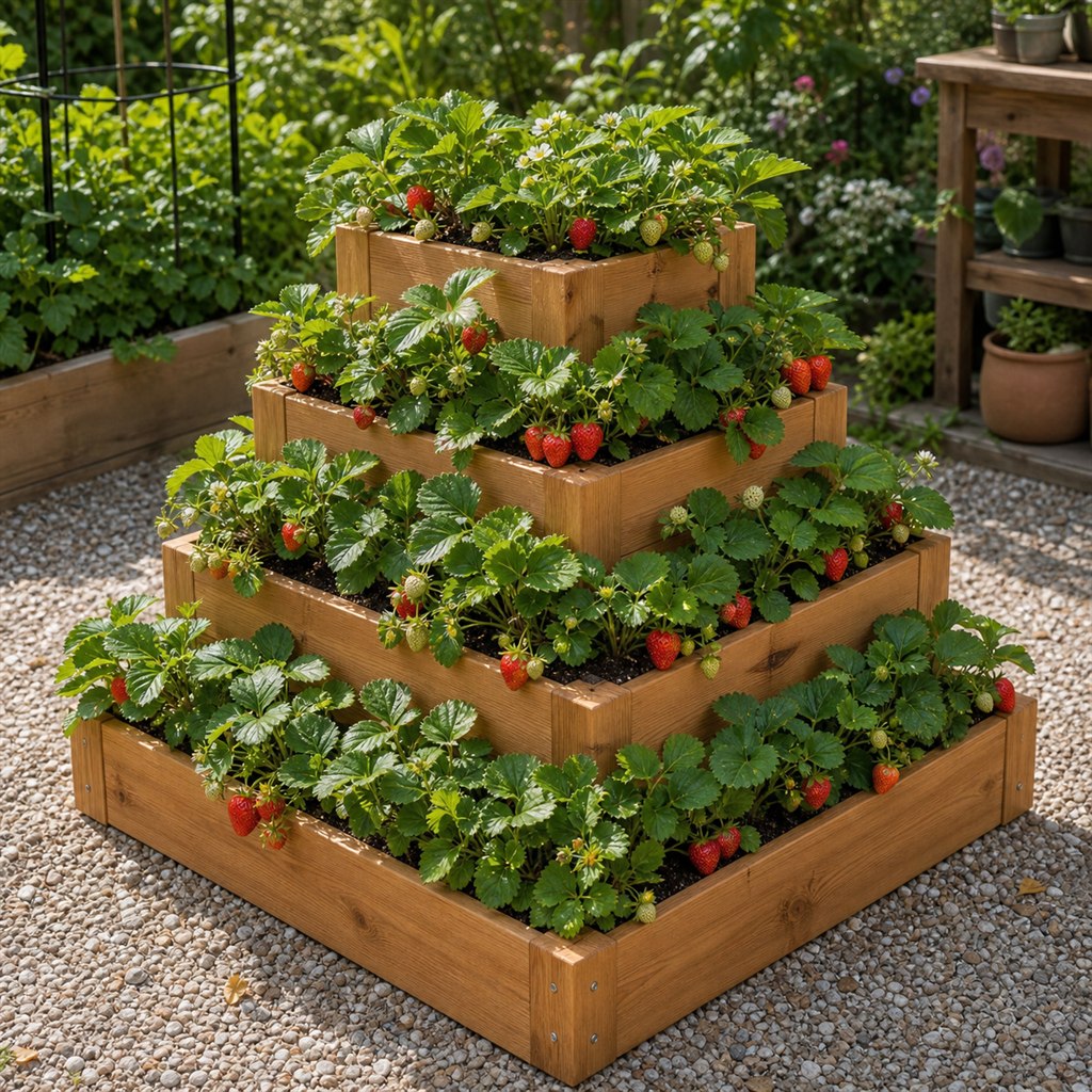 Wooden Strawberry Pyramid Planter With Four Accessible Tiers