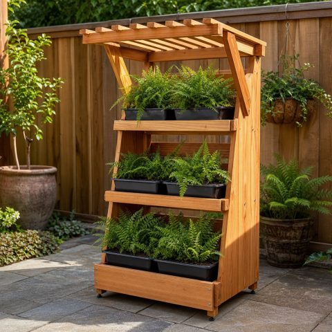Vertical Fern Stand With Slatted Shade Canopy