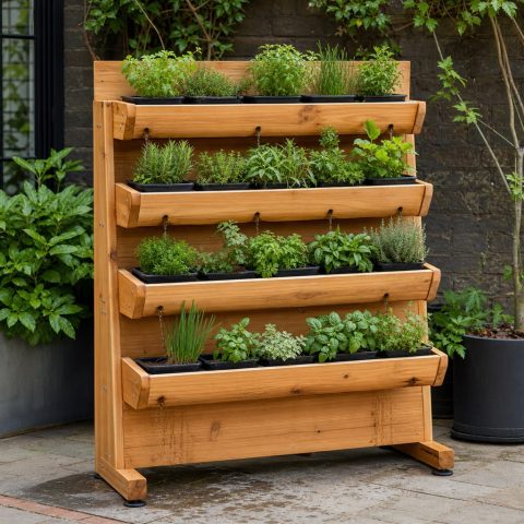 Cedar Gutter-Style Herb Rack With Directed Drainage