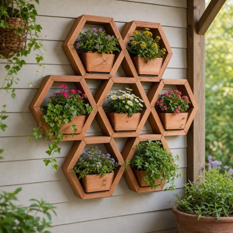 Honeycomb Wooden Wall Planters With Removable Pots