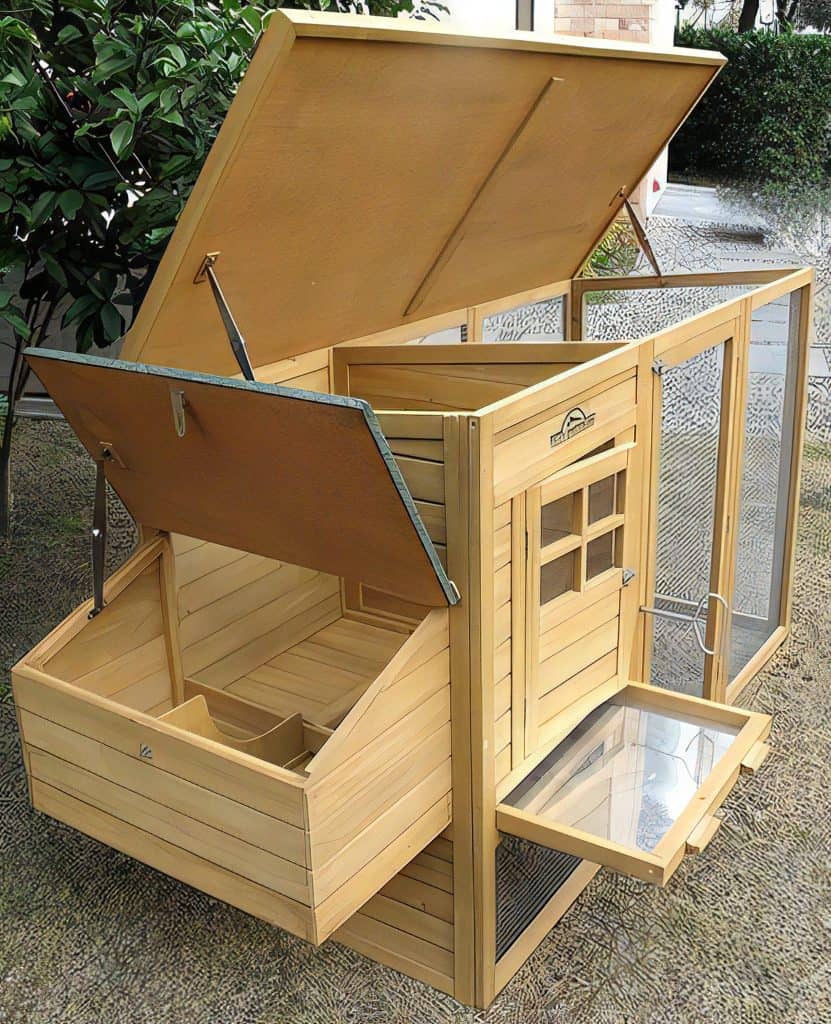 Raised wooden backyard chicken coop with access doors