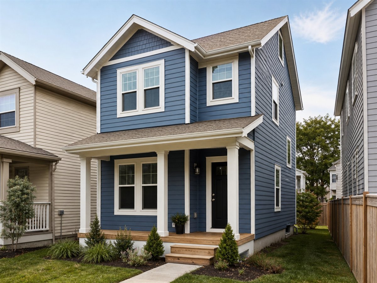 Townline Family Home 1690, a conceptual 1690-square-foot narrow-lot two-story family home with a $300,000 construction target